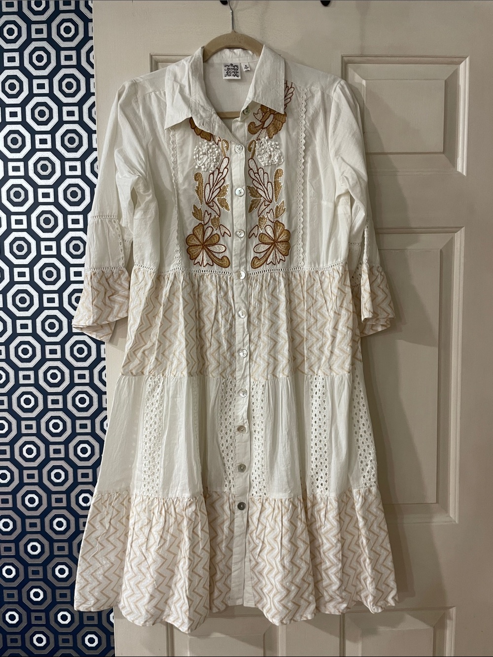Parsley & Sage White Dress with Tan Embroidered Detail